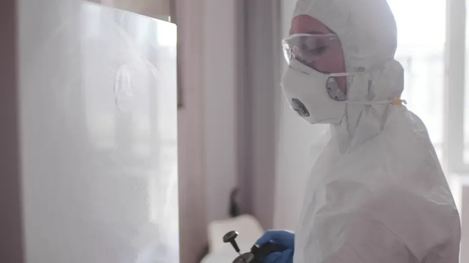 A cleaner sanitizing a refrigerator shelf