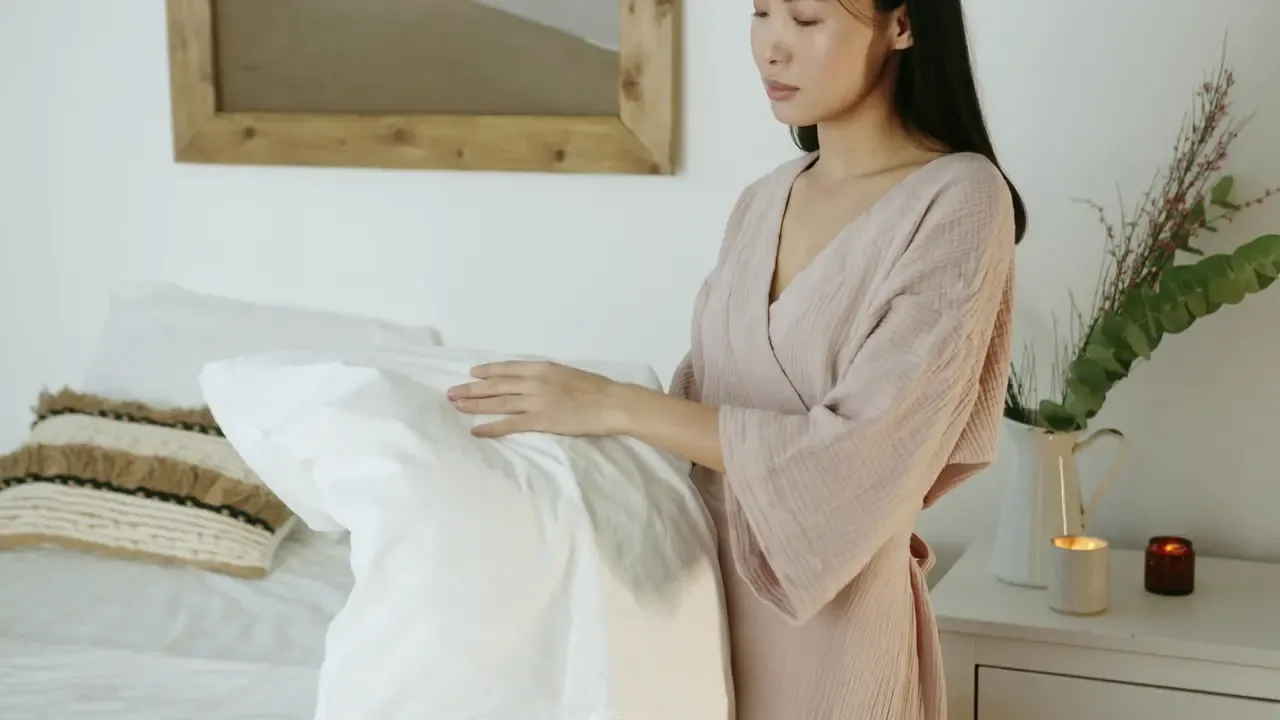 A cleaner making a bed with fresh linens